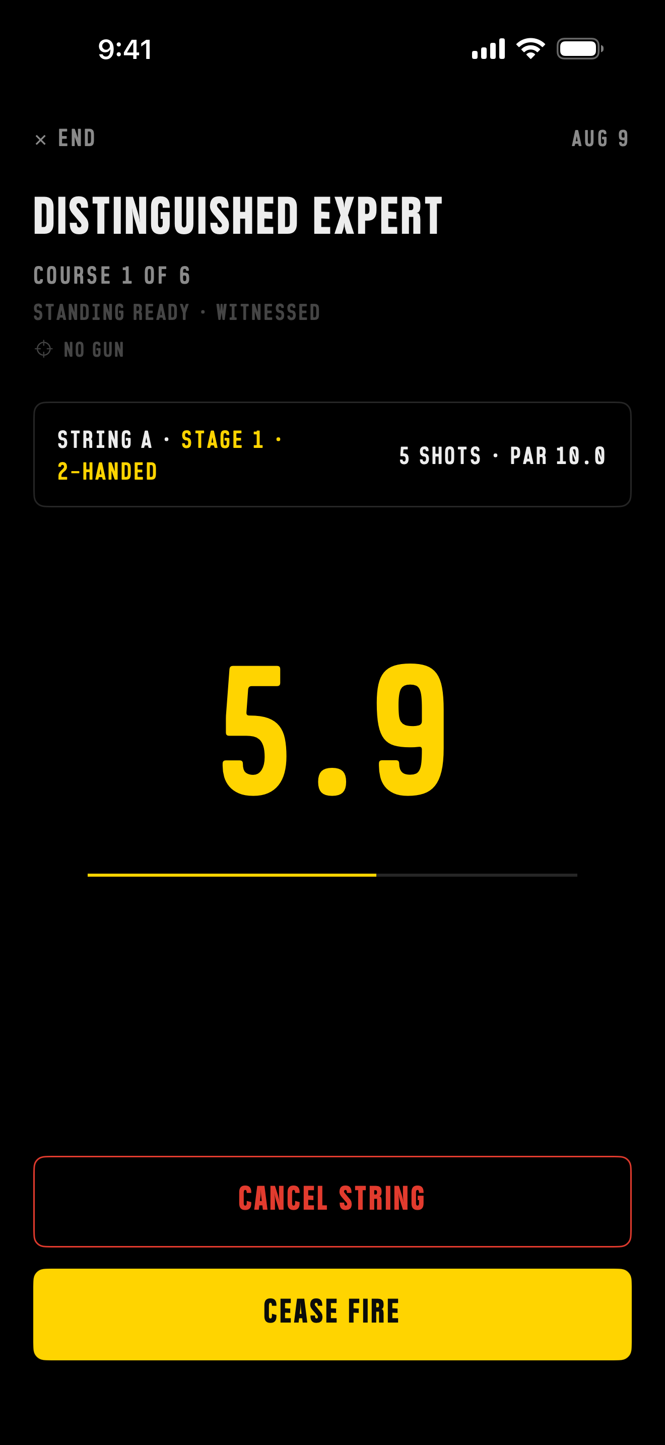 Press par timer mid-string — 5.9 seconds remaining on a Distinguished Expert course string